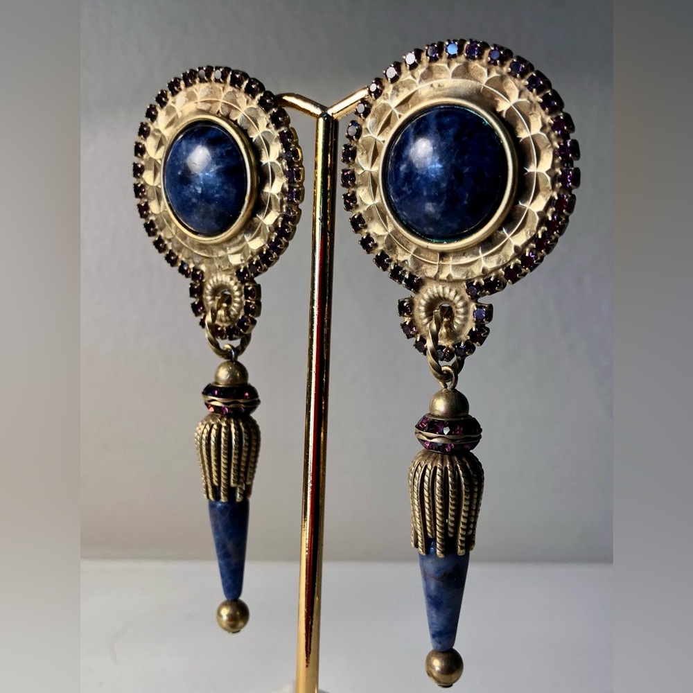 ✔️SOLD ✔️Stunning Sorrelli vintage brass/lapis/amethyst clip on earrings. - Picture 2 of 8